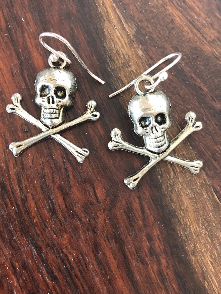 Skeleton skull bone pierced ear drop silver - tone silver plated post earrings