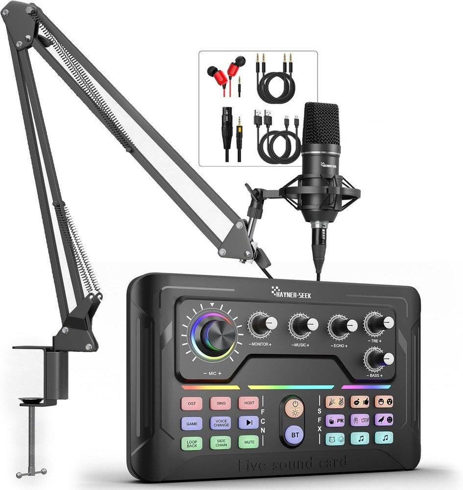 Podcast Equipment Bundle, Audio Interface with DJ Mixer and Condenser