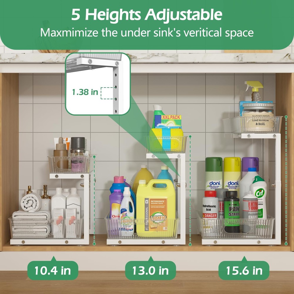 ADRIMER Under Sink Organizer 2 Packs Pull Out Kitchen Sink Storage 2 Tier Slide
