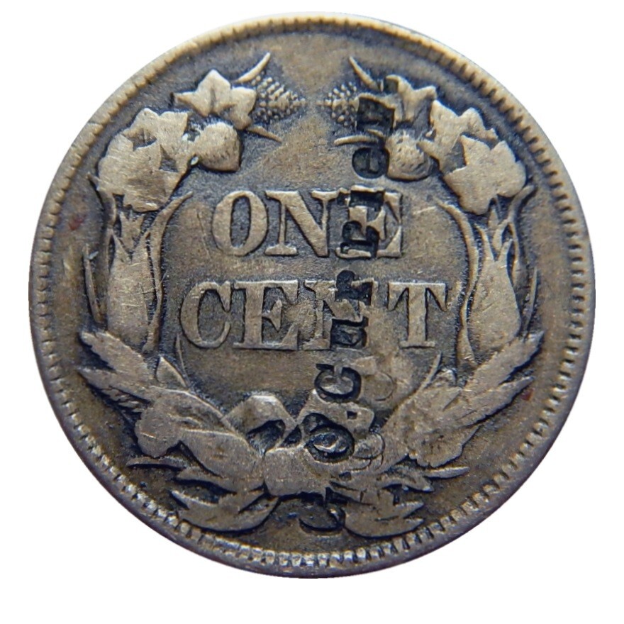 Flying eagle cent/penny 1857 typewriter script counterstamp G.O. Currier.