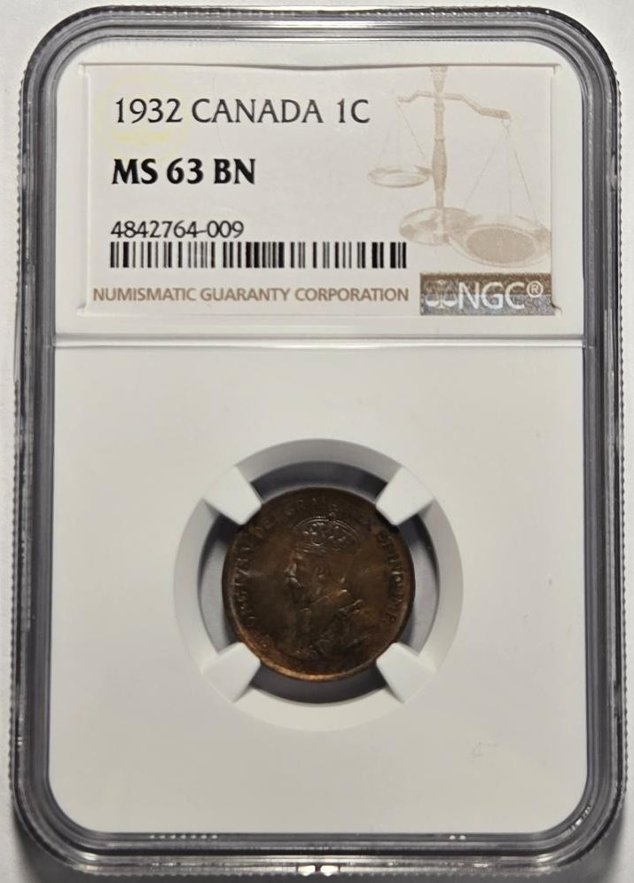 1932 CANADA 1 CENT NGC MS 63 BN Certified Coin