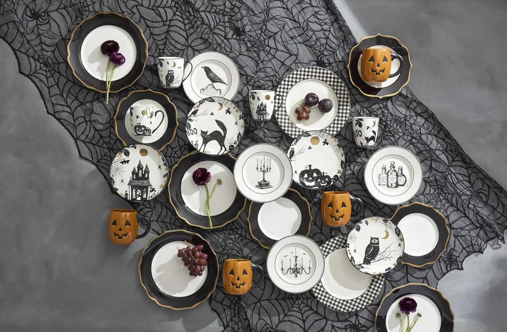 Dinnerware Set, Gingham Black Dinner Plates, Service for 4, Porcelain, Microwave