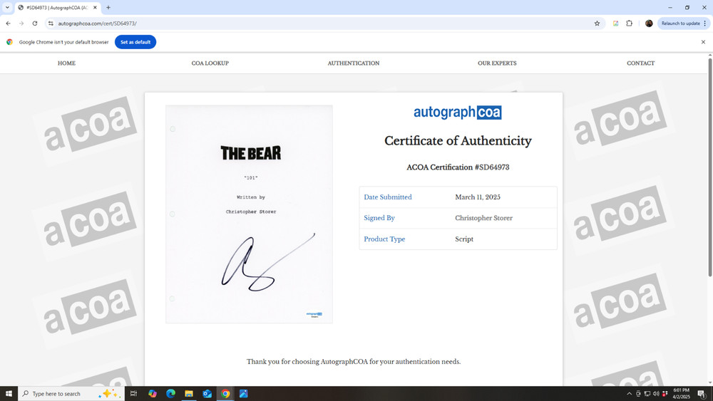 Christopher Storer Signed The Bear Pilot Episode Script 38 Pages ACOA COA
