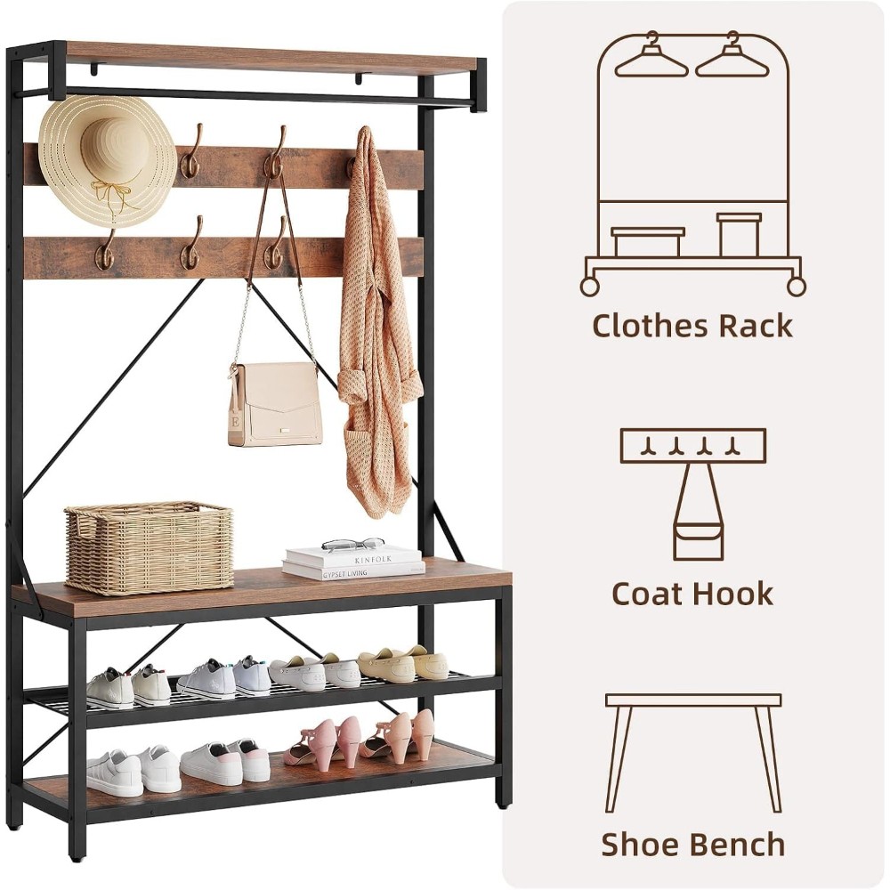 Space-Saving Multi-Function Organizer, Bench, Shoe Rack& Coat Hooks for Entryway