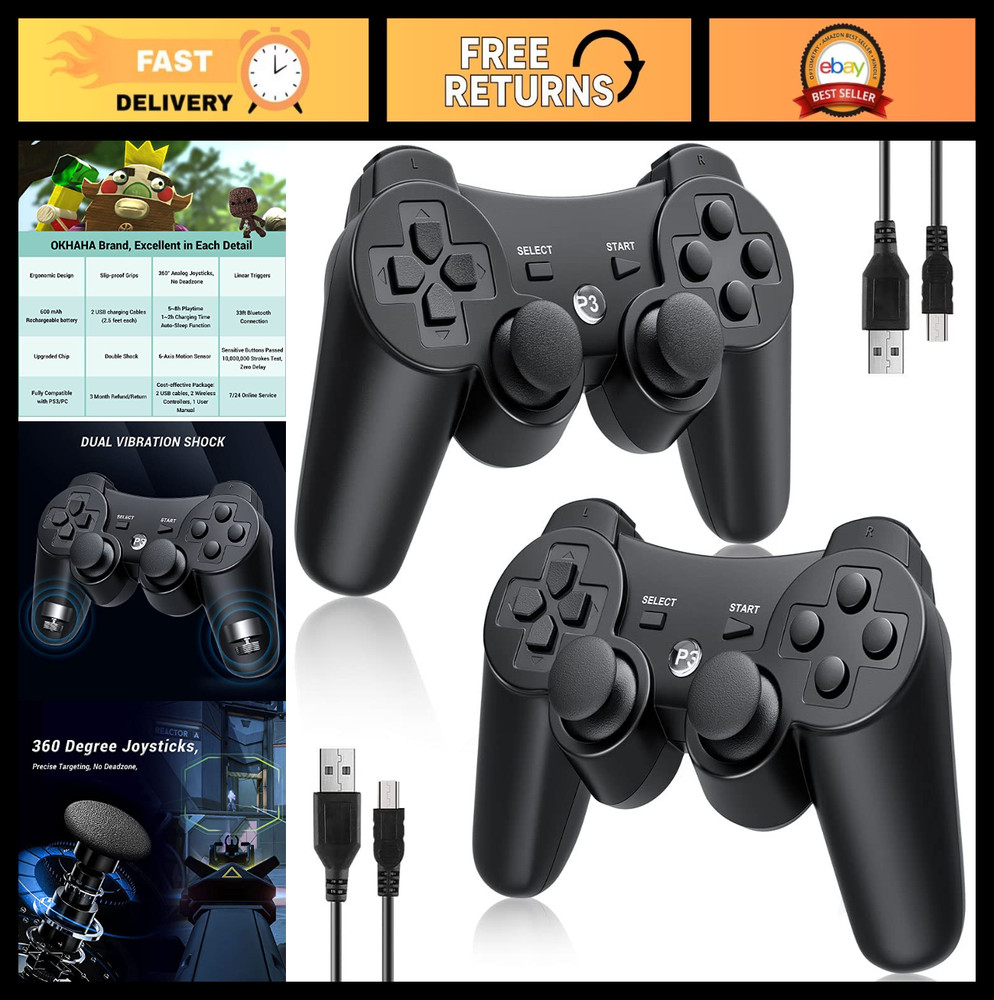 Wireless PS3 Controller 2 Pack - Bluetooth, Rechargeable, Motion Sensor, Double