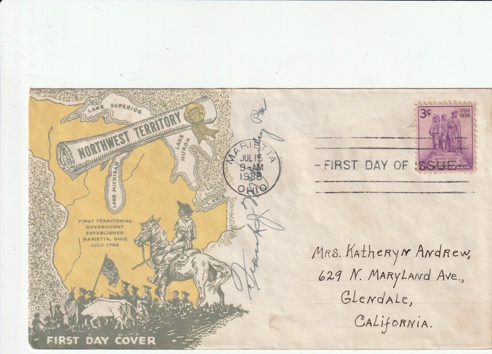 U.S. FDC -- Scott #837 Northwest Territory issue -- Postmaster Signed Cover 1938