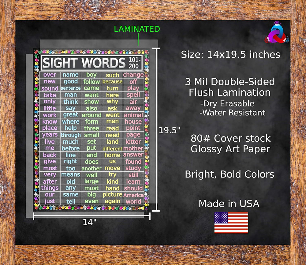 Advanced Sight Words Poster 101-200 for Second Grade - Laminated 14X19.5 - Educa