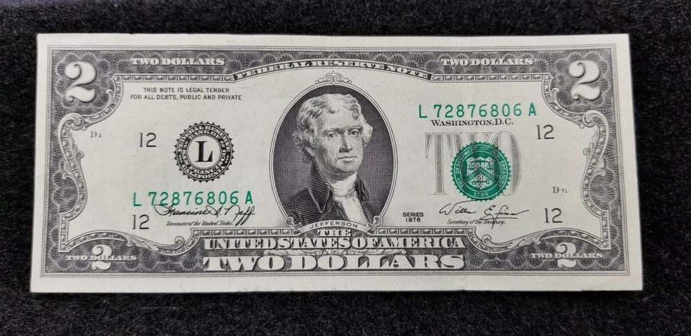 1976 $2 ERROR FRN Note Green Printing major shifting down