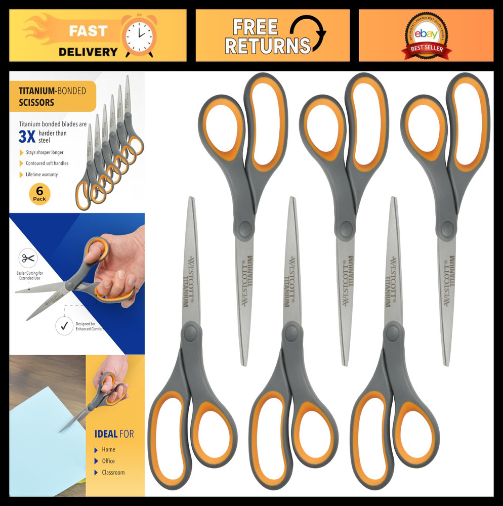 Titanium Bonded 8" Straight Scissors with Soft Grip Handle - 6-Pack, Gray/Yellow