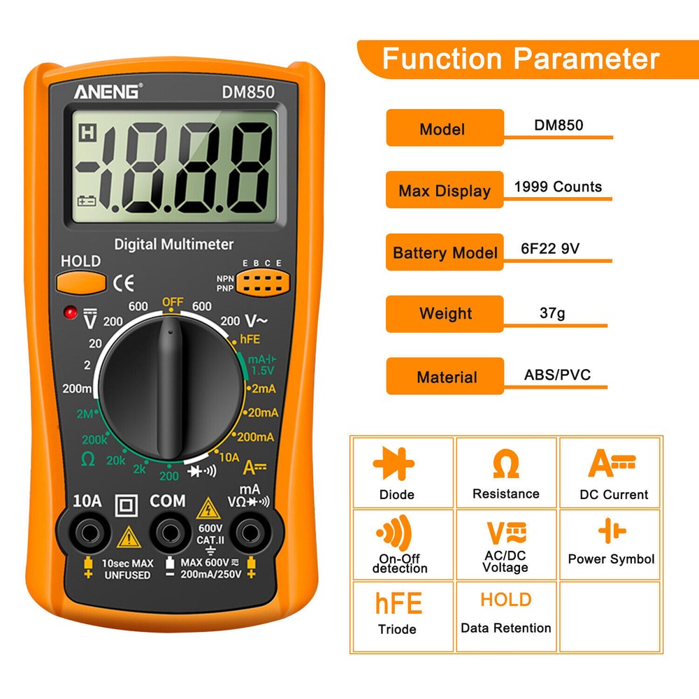 LCD Digital Multimeter Voltmeter Ammeter Ohmmeter Volt AC DC Tester Leads Meter