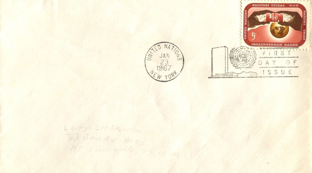 United Nations Hands Supporting Globe 1967 First Day FDC Scott UN 167