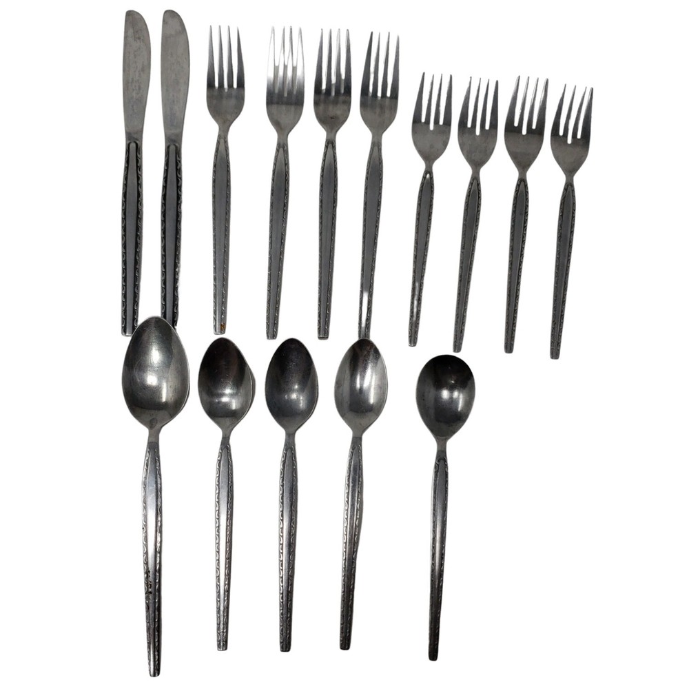 Rogers Stainless ENSENADA Korea Flatware Silverware Scroll Black Accent MCM 15pc