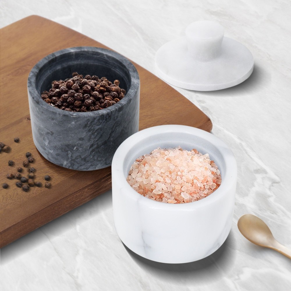 Marble Salt Cellar with Lid, Multi-Purpose Marble Container (White)