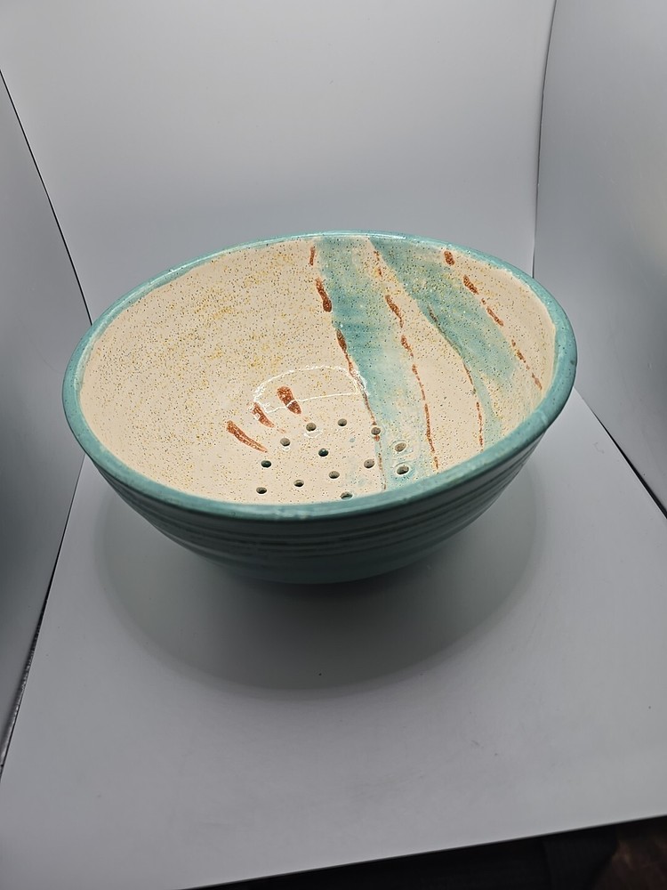 Handmade Pottery Berry Colander Strainer Stoneware Blue Gray