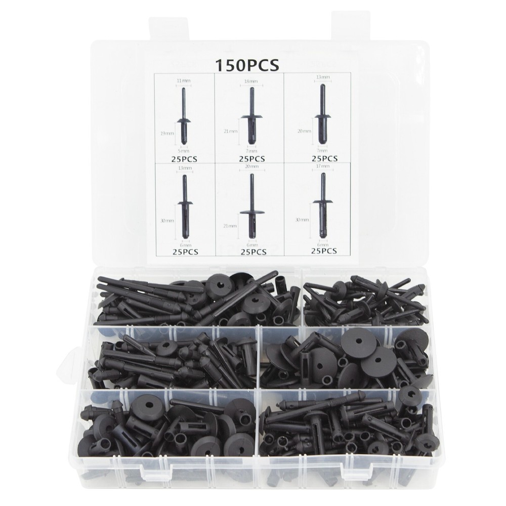 150x Plastic Pom Pop Rivets Set Assortment Pop Poly Bevel Round Head Blind Rivet