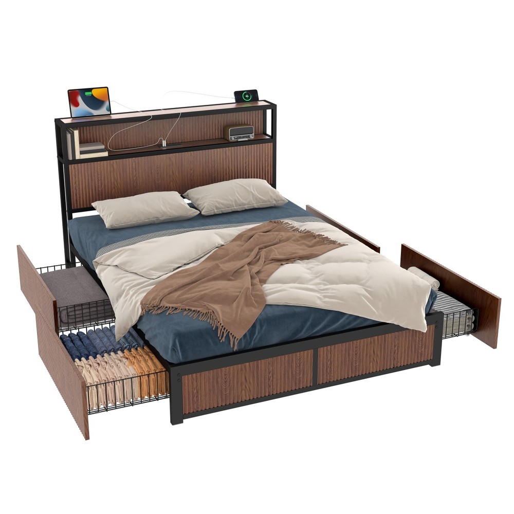 Queen Size Platform Bed Frame with 4 Drawers & Storage Headboard & USB Ports