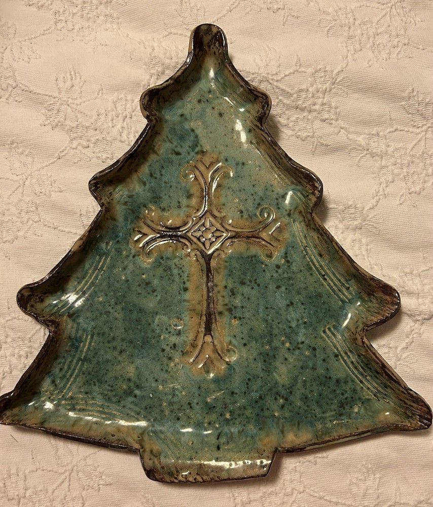 Signed Handmade Christmas Tree Platter With Cross