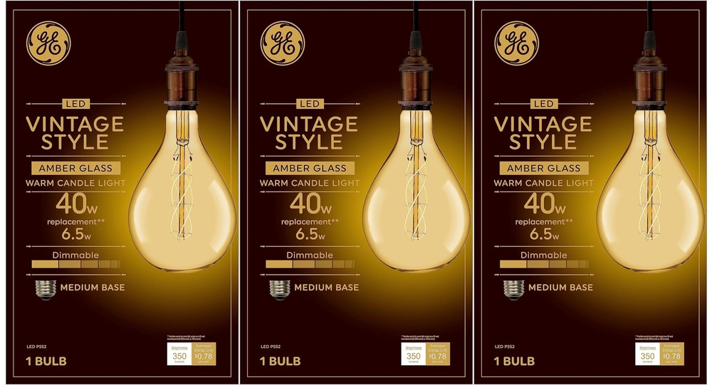 (case of 3) GE Lighting Large Vintage Warm Candle Light LED PS52, Amber Glass,