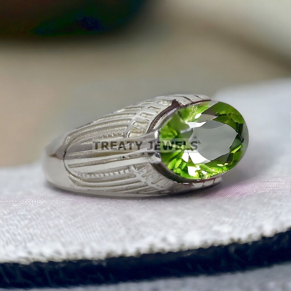 Peridot Oval Cut Gemstone With 14K Solid White Gold Ring For Men's #954