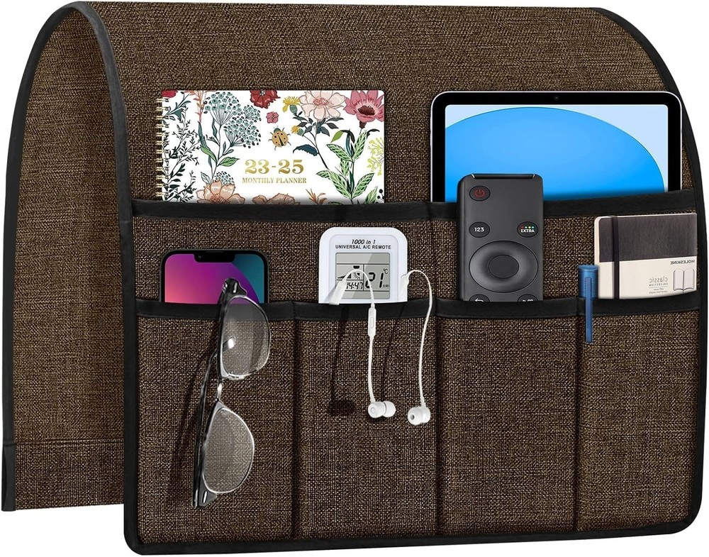 Adjustable Linen Armchair Caddy in Chocolate: Functional Sofa Storage Solution