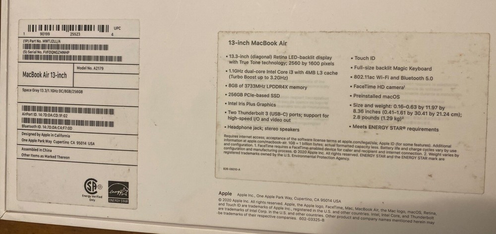 EMPTY BOX ONLY - Apple 13” Macbook Air A2179 Replacement Box - OEM Original