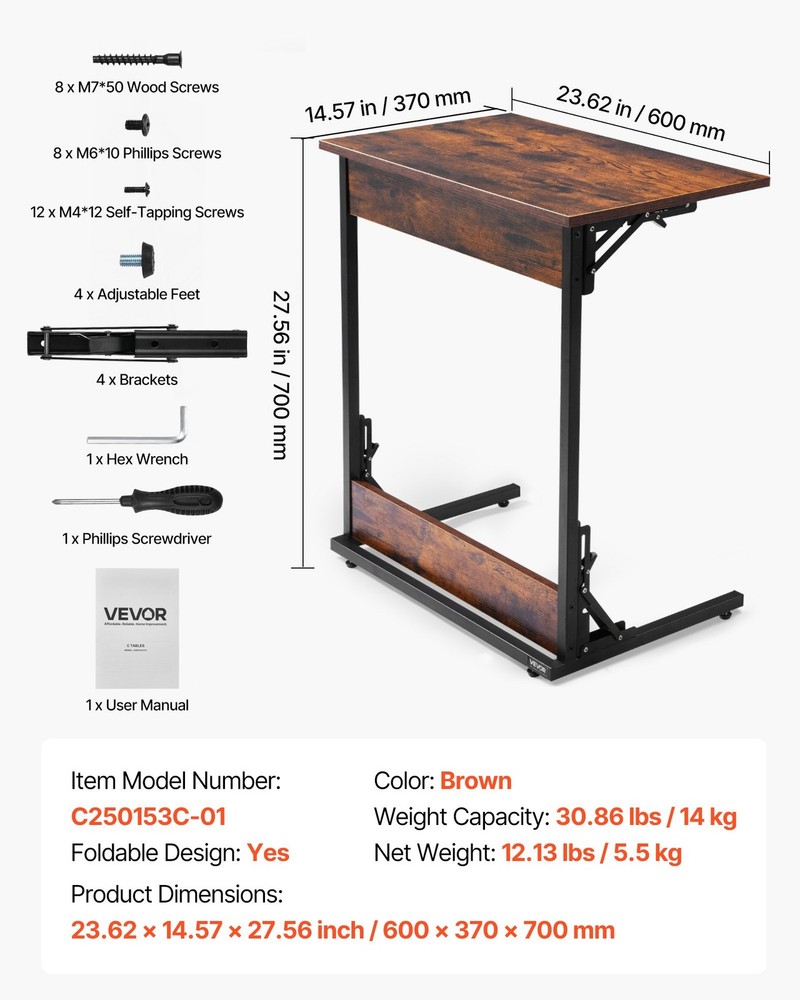 C Table, Folding C Shaped End Table with Metal Frame & Adjustable Feet, Foldable