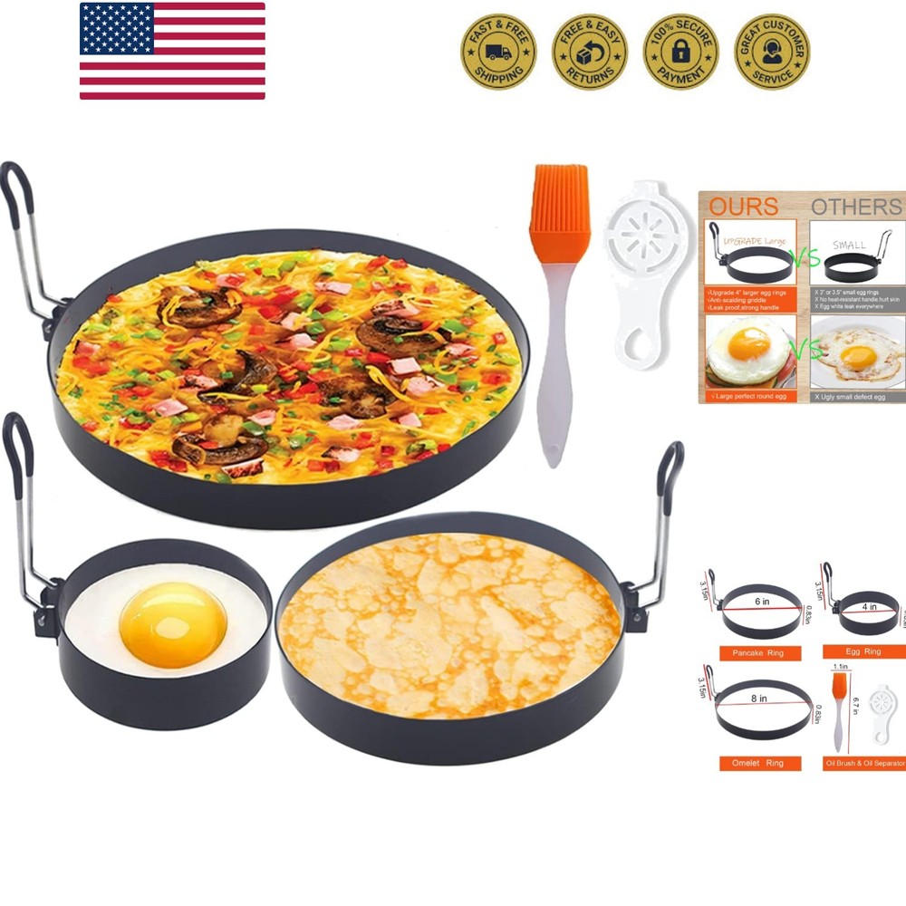 Stainless Steel Egg Cooker Set - 8" Omelette Ring, 6" Pancake Ring, 4" Griddl...