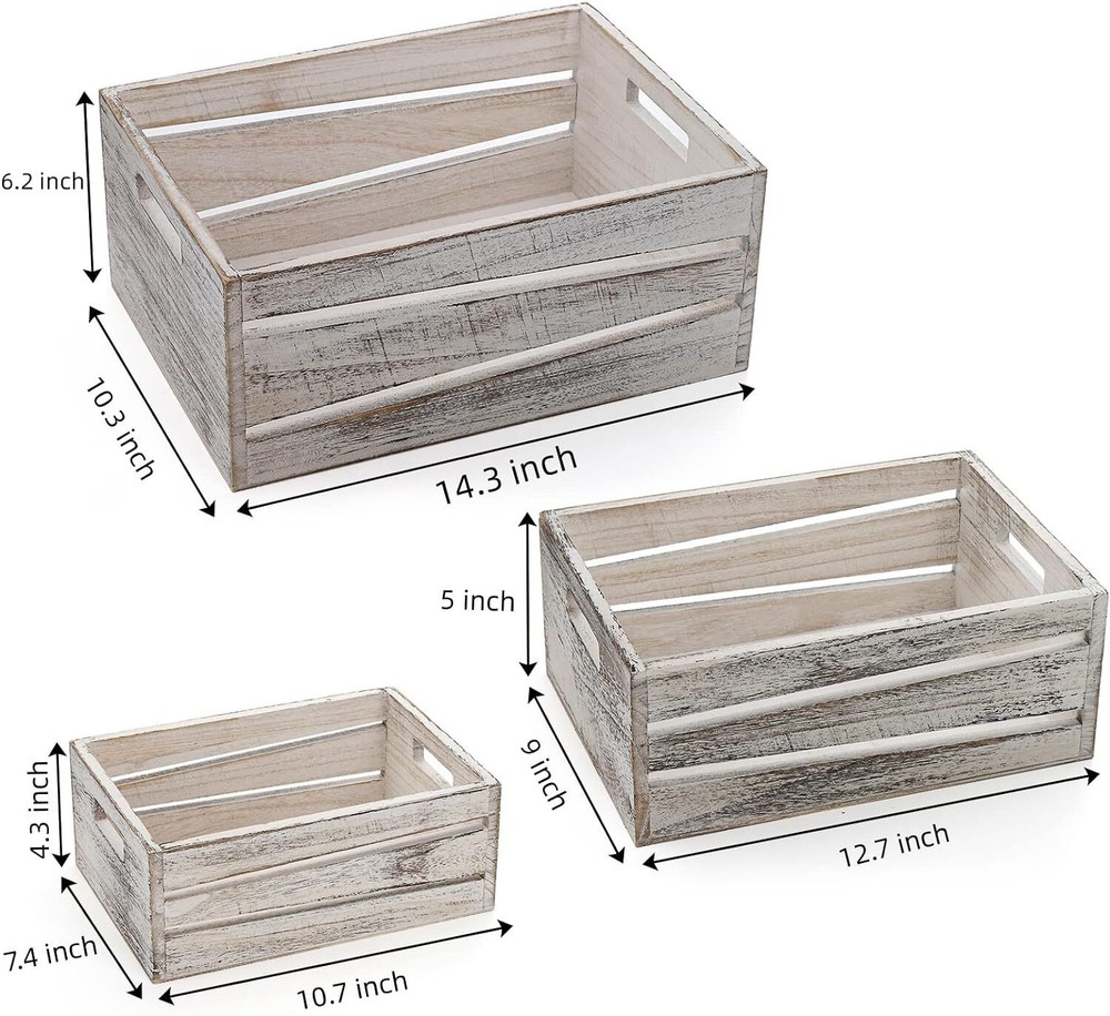 AVLA 3 Pack Wooden Storage Crates, Rustic Nesting Container Bin with...