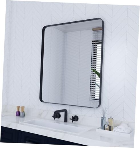 Bathroom Mirror for Wall, 28 x 36 Inch Rounded Rectangle 36"L x 28"W Black