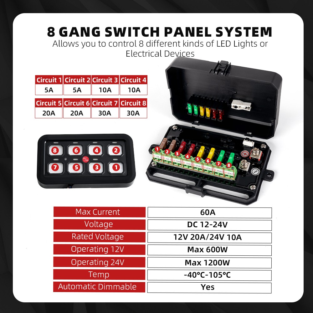 Universal 8 Gang Switch Panel On-Off LED Car Switch Panel Circuit Control 12/24V