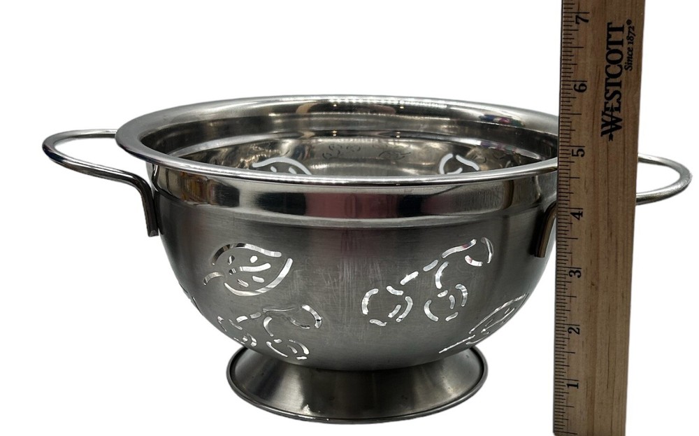 Metal Colander Strainer Cherries & Leaf Pattern Small Silver Farmhouse 8.5" D