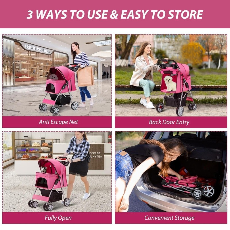 Pet Stroller Dogs Cats Foldable Durable 360° Wheels Comfortable Breathable Mesh