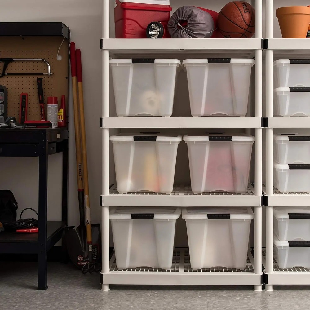 Stackable Storage Bins w/ Lids & Latches Durable Nestable Containers Pearl