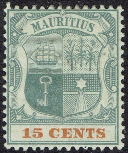 MAURITIUS 1900 ARMS 15C WMK CROWN CA