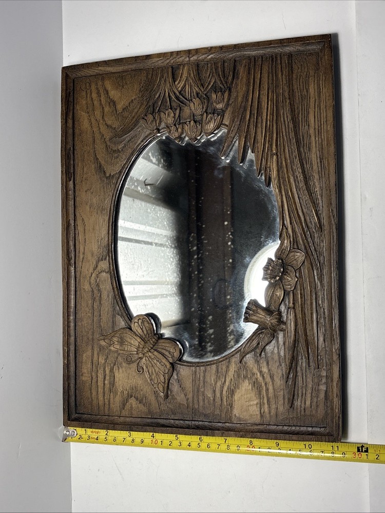 Vtg Whimsical Forest Butterfly Carved Wood Rectangular Mirror Einar Johansen
