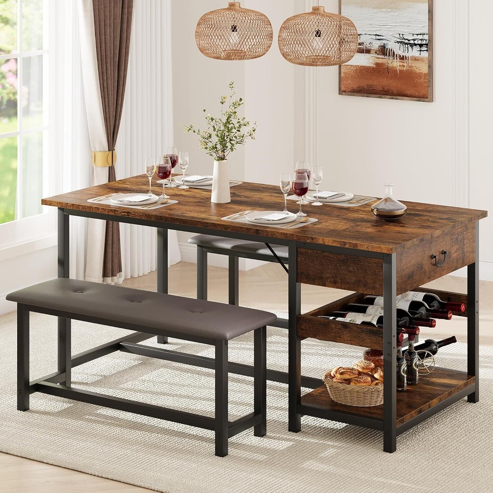 Dining Table Set for 4 Kitchen Table with 2 Benches, Storage Drawers ,Wine Rack