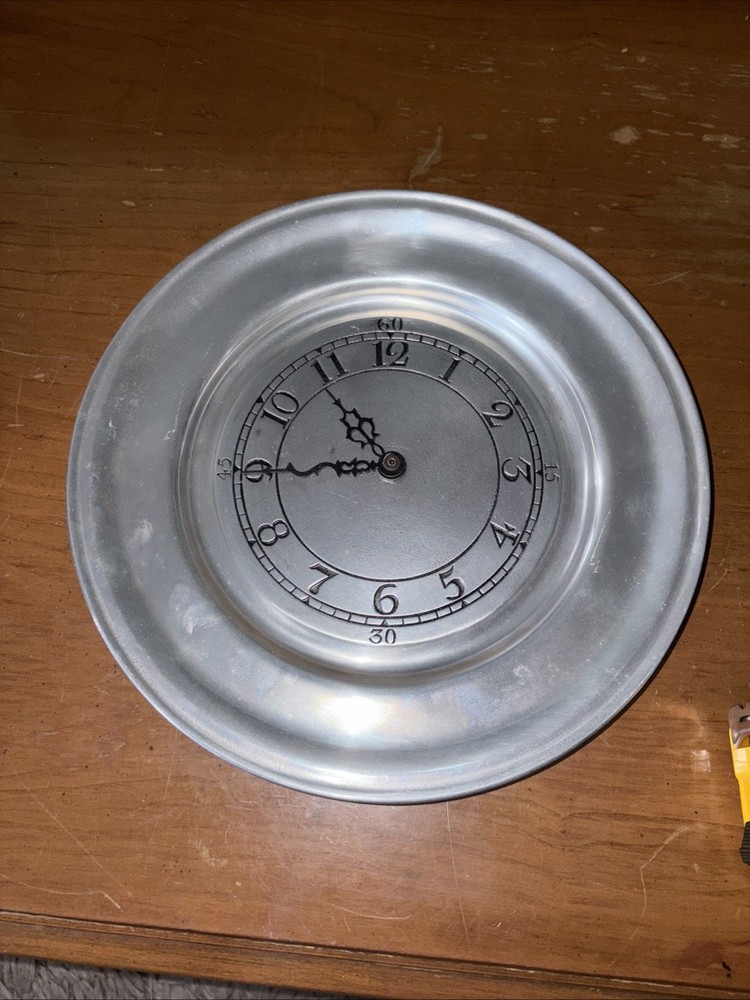 Vintage 10” Pewter Plate Wall Clock WORKING