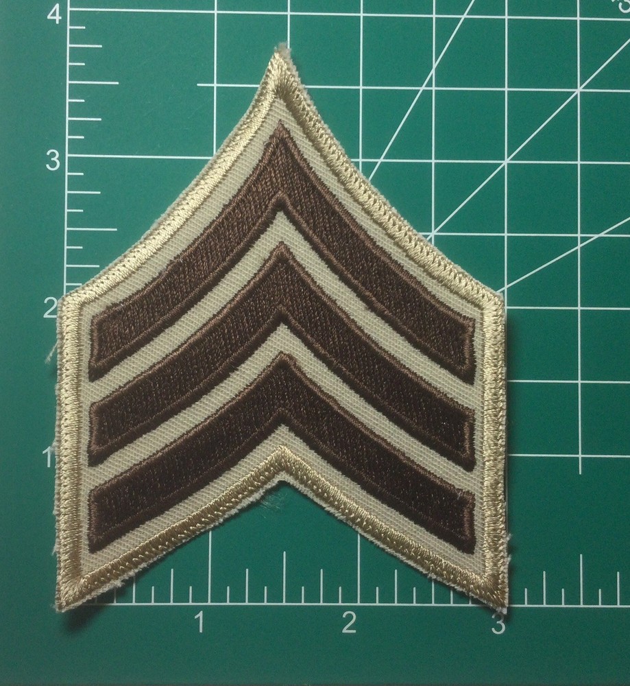 (2) Sergeant Chevron Patch - 3 Brown Stripes - Tan Twill - Tan Border
