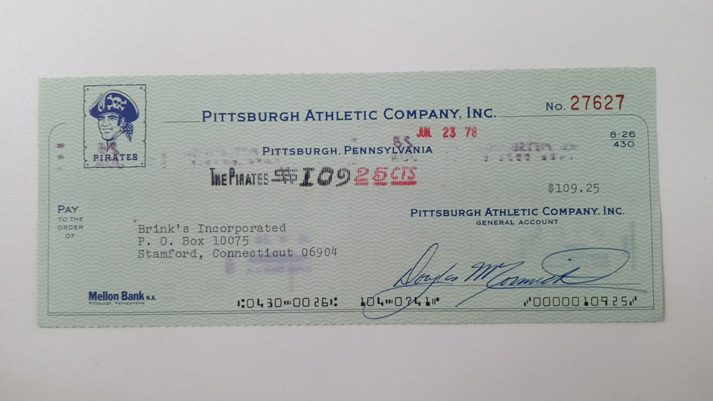 Brink's Incorporated: 1978 Pittsburgh Pirates Expense Check