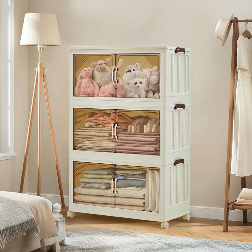 Stackable Storage Bin W/ Collapsible Drawer, Magnetic Doors & Wheels for Office