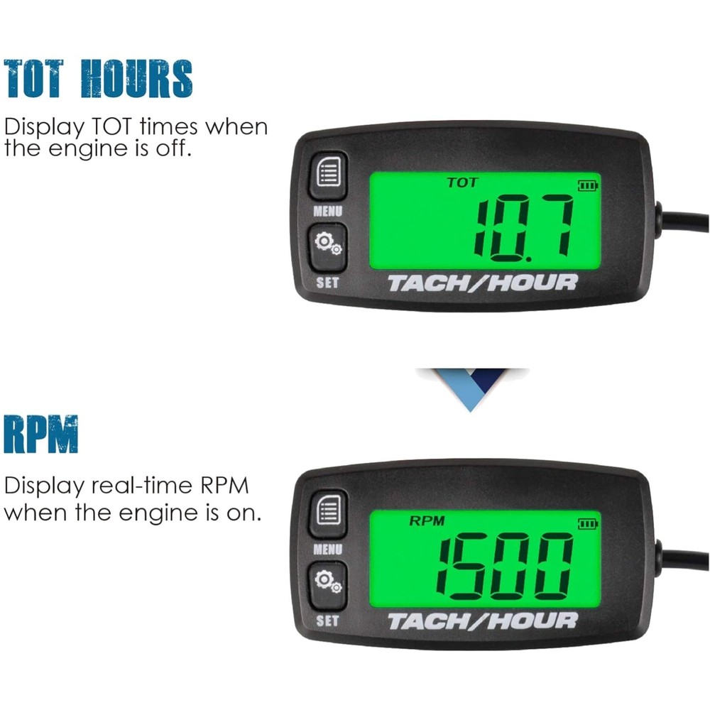 Digital Tach/Hour Meter, Dual-Color Backlight