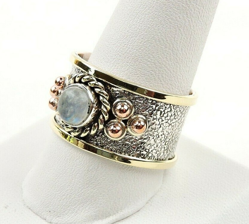 Sterling Silver Moonstone Tri Color Textured Wide Band Ring