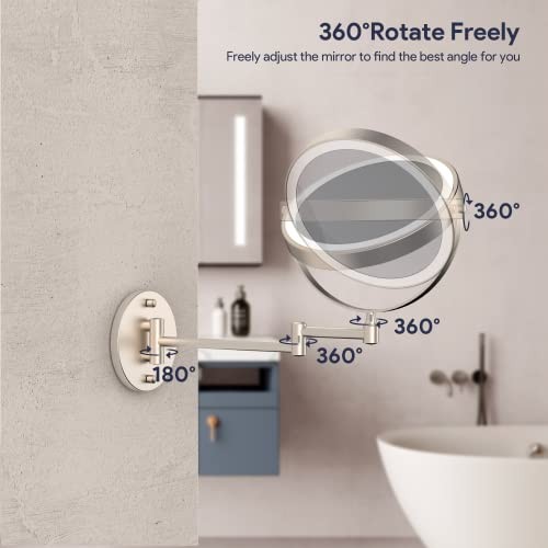 Rechargeable Wall Mounted Lighted Makeup Mirror, 8 Inch Double-Sided Nickel