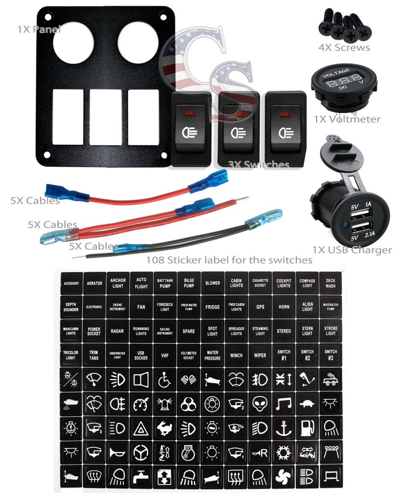 Red 35A 3 Gang Car Rocker Switch Panel USB Socket Power Plug Voltmeter Charger