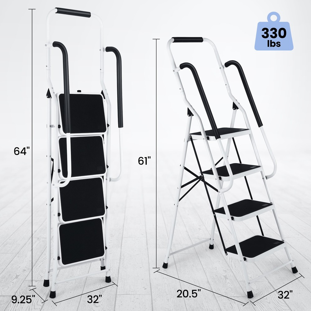 4 Step Ladder with Hankdrails, Portable Folding Step Stool with Safety