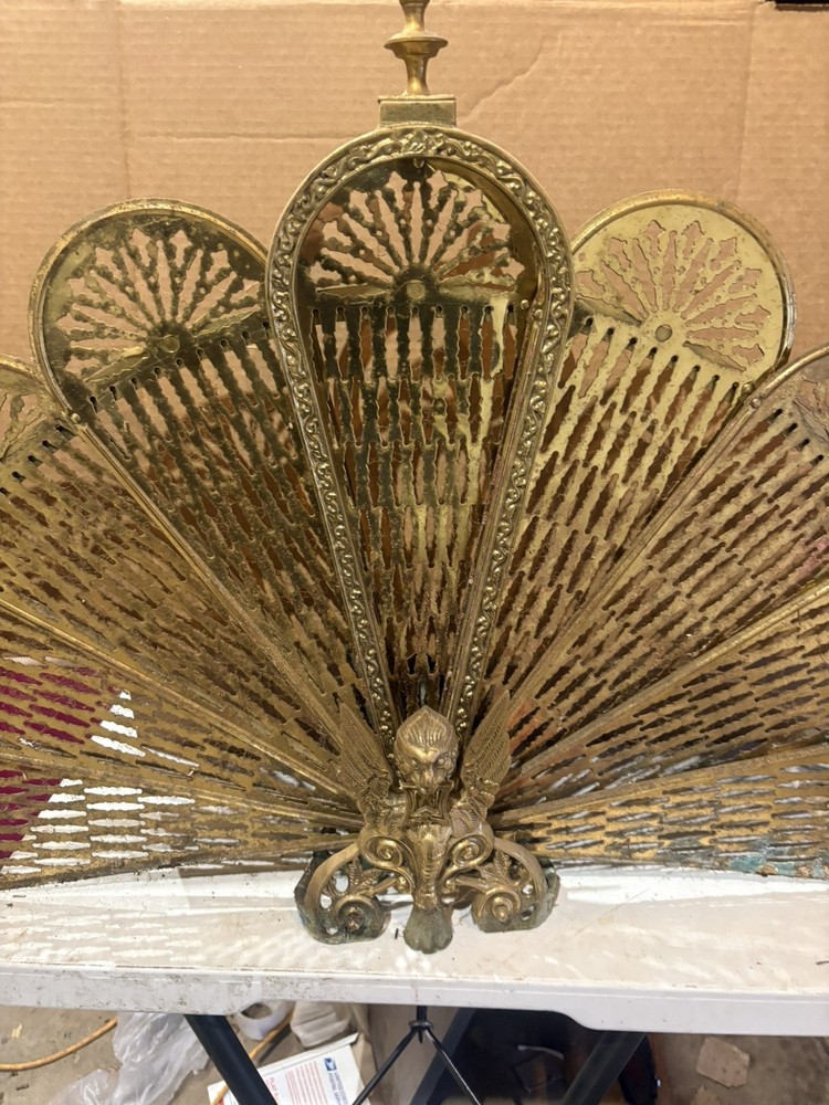 Vintage Brass Peacock Fire Guard Screen - Folding Fan