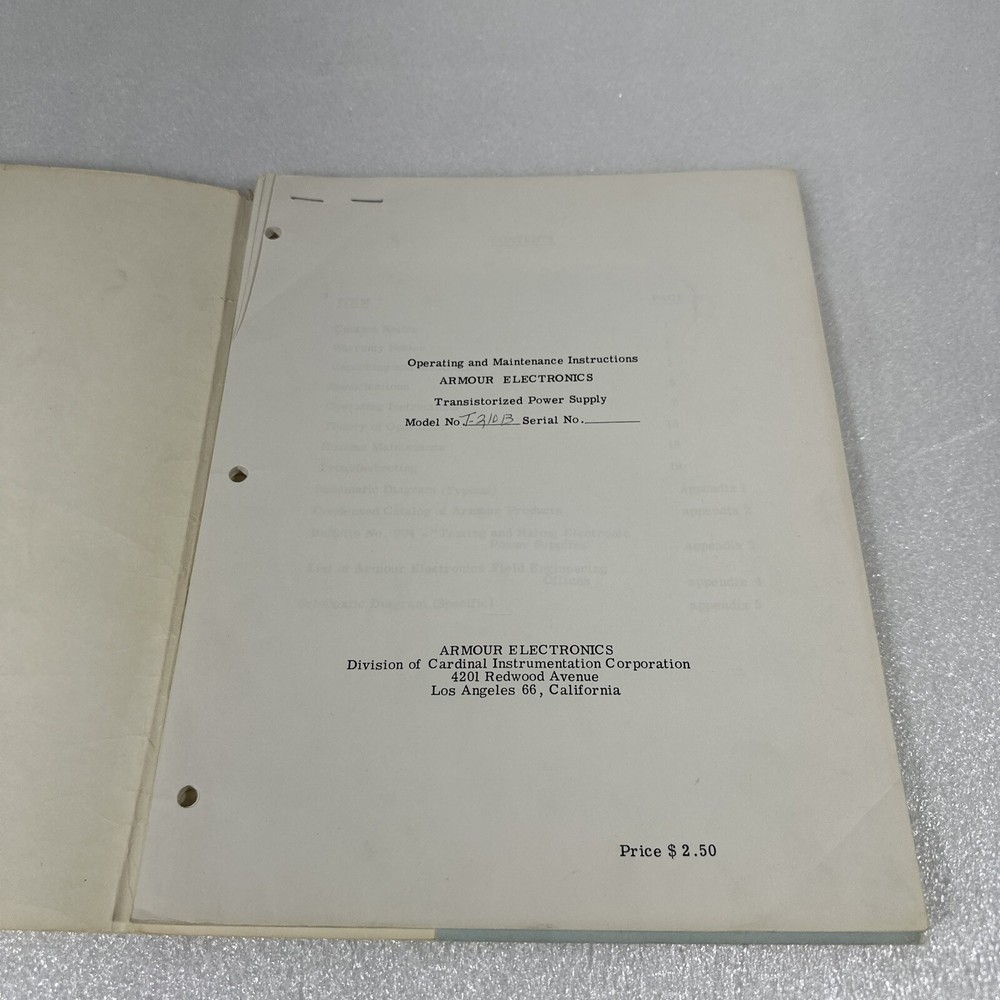 Armour Electronics T210B Transistorized Power Supply Operating Instructions