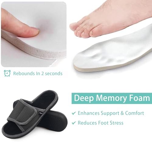 Men's Adjustable Wrap Open-toe Slippers with Memory Foam, 9-10 Dark Grey