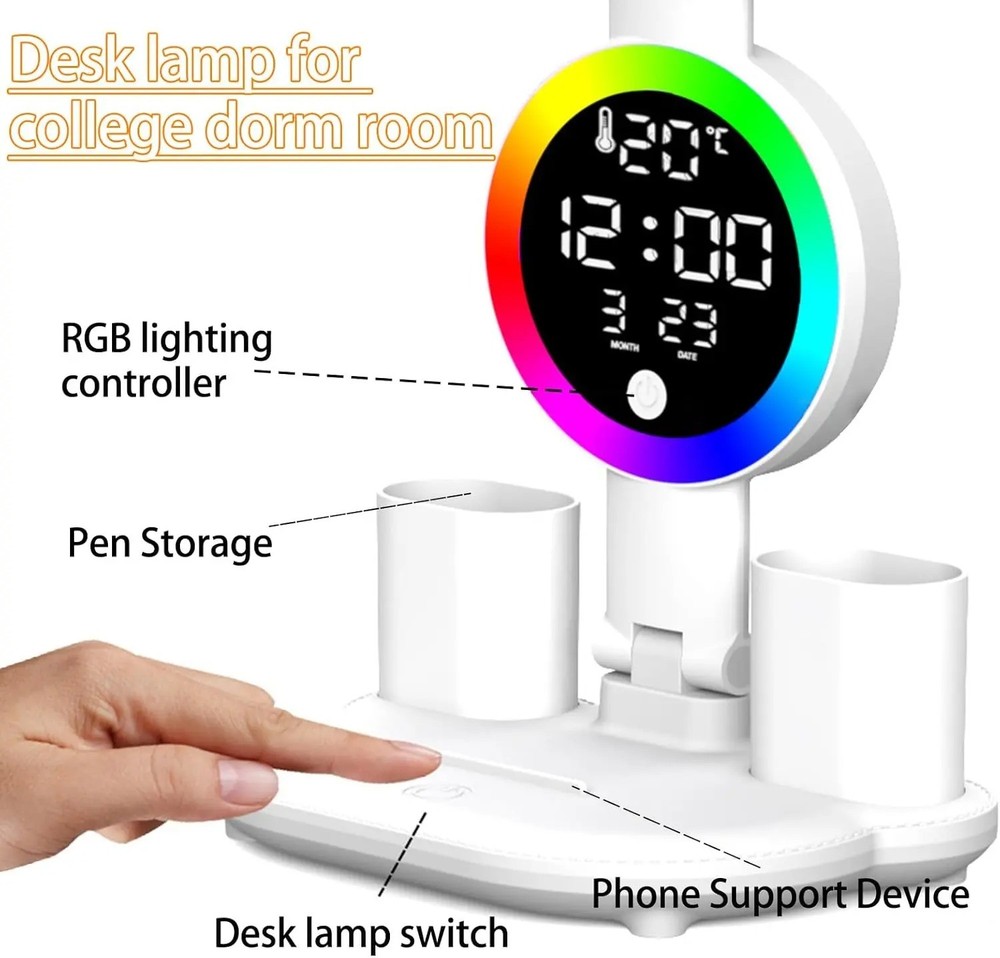 LED Desk Light Dimmable Reading Night Lamp USB Rechargeable Touch Sensor w/Clock