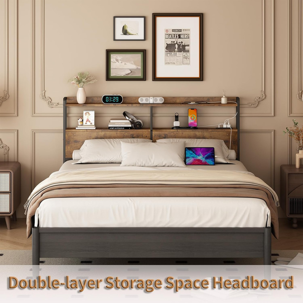 Rustic Brown Queen Headboard with USB Ports & LED Lights, Adjustable Design
